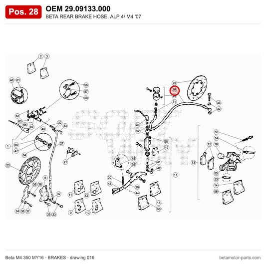 BETA REAR BRAKE HOSE, ALP 4/ M4 '07 – OEM 29.09133.000, position 28 on the Beta M4 350 MY16 brakes drawing