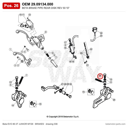 BETA BRAKE PIPE REAR DISK REV 50 '07 – OEM 29.09134.000, position 26 on the Beta EVO 80 2T JUNIOR MY26 brakes drawing