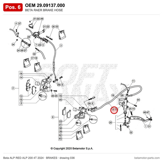 BETA RAER BRAKE HOSE – OEM 29.09137.000, position 6 on the Beta ALP RED ALP 200 4T 2024 brakes drawing