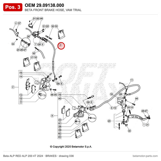 BETA FRONT BRAKE HOSE, VAM TRIAL – OEM 29.09138.000, position 3 on the Beta ALP RED ALP 200 4T 2024 brakes drawing