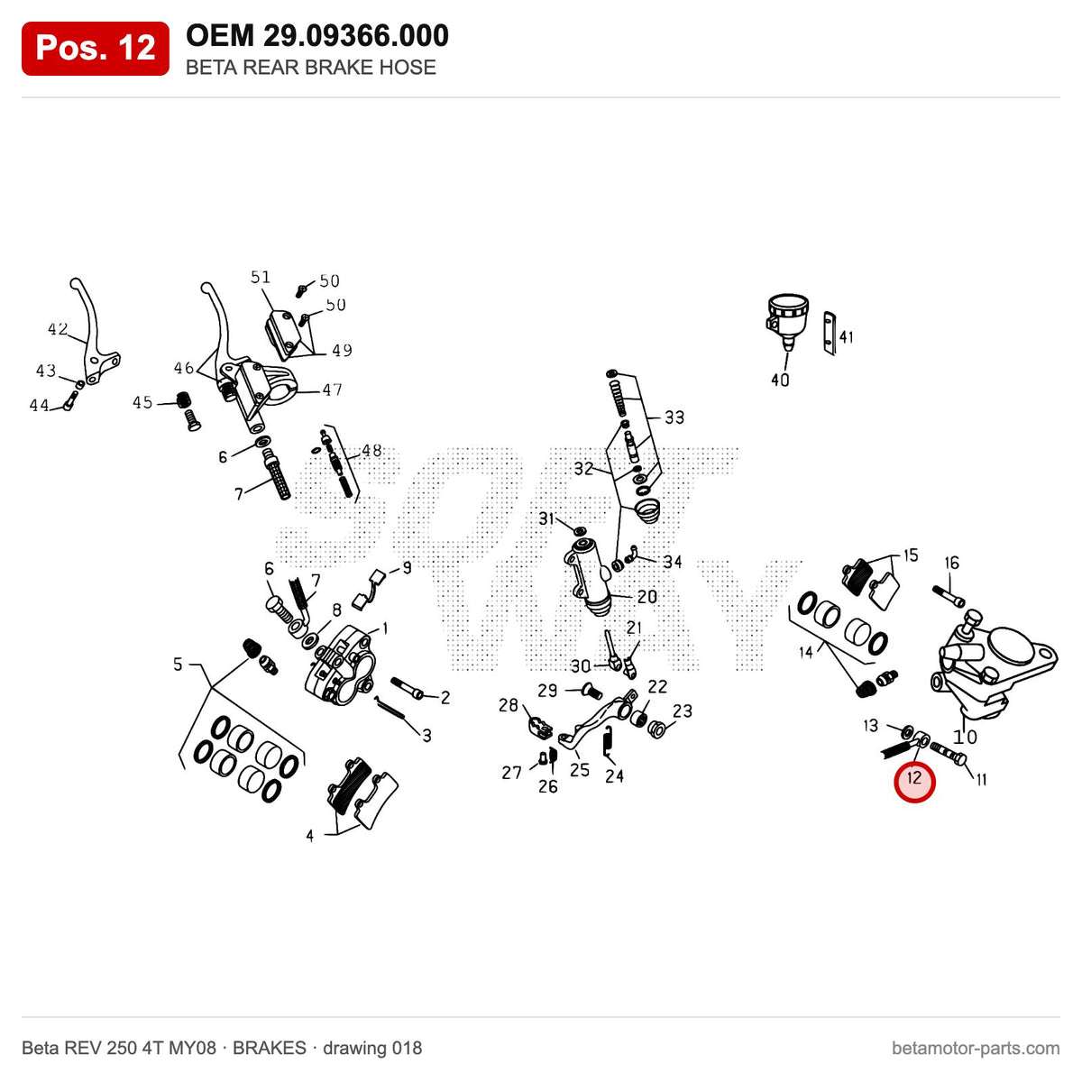 BETA REAR BRAKE HOSE – OEM 29.09366.000, position 12 on the Beta REV 250 4T MY08 brakes drawing