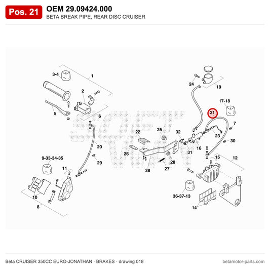 BETA BREAK PIPE, REAR DISC CRUISER – OEM 29.09424.000, position 21 on the Beta CRUISER 350CC EURO-JONATHAN brakes drawing