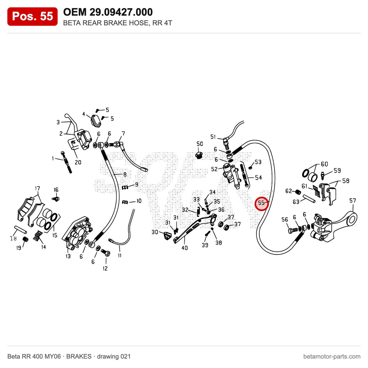 BETA REAR BRAKE HOSE, RR 4T – OEM 29.09427.000, position 55 on the Beta RR 400 MY06 brakes drawing
