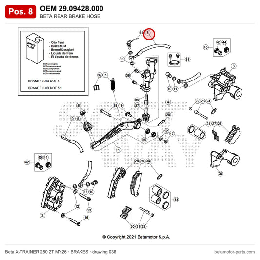 BETA REAR BRAKE HOSE – OEM 29.09428.000, position 8 on the Beta X-TRAINER 250 2T MY26 brakes drawing