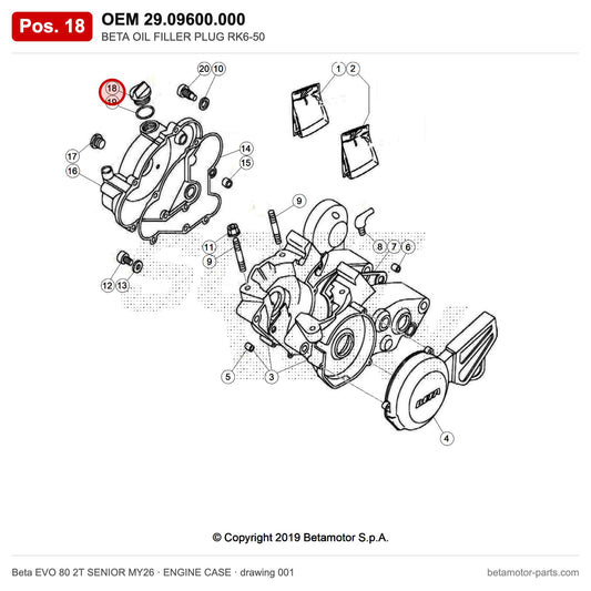 BETA OIL FILLER PLUG RK6-50 – OEM 29.09600.000, position 18 on the Beta EVO 80 2T SENIOR MY26 engine case drawing
