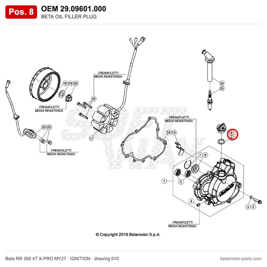 BETA OIL FILLER PLUG – OEM 29.09601.000, position 8 on the Beta RR 350 4T X-PRO MY27 ignition drawing