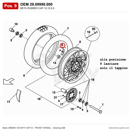 BETA RUBBER CAP 10.12.6,5 – OEM 29.09990.000, position 9 on the Beta URBAN 125 MY11-MY12 front wheel drawing