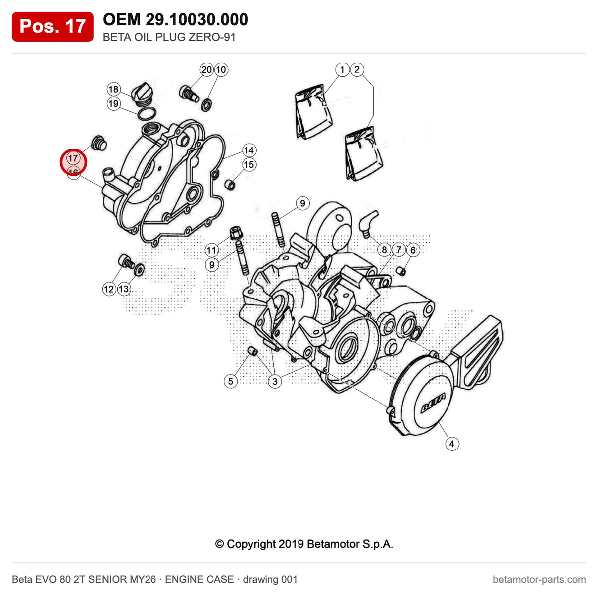BETA OIL PLUG ZERO-91 – OEM 29.10030.000, position 17 on the Beta EVO 80 2T SENIOR MY26 engine case drawing