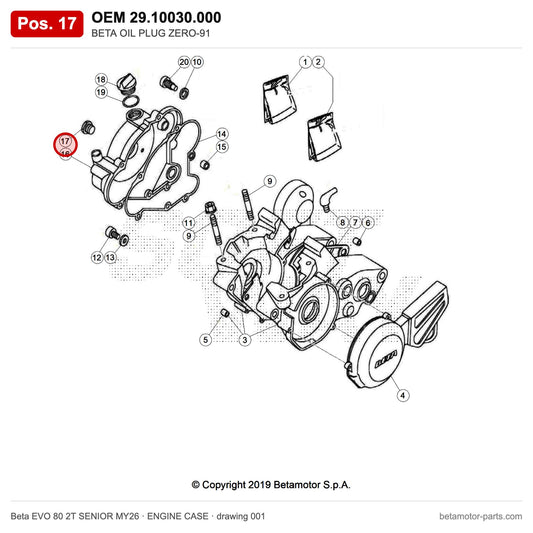 BETA OIL PLUG ZERO-91 – OEM 29.10030.000, position 17 on the Beta EVO 80 2T SENIOR MY26 engine case drawing