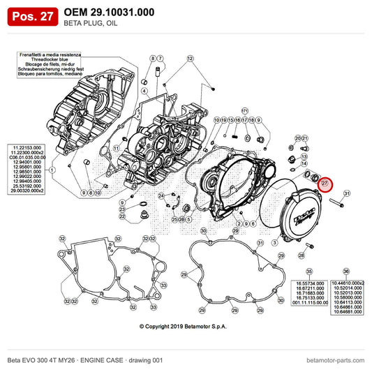 BETA PLUG, OIL – OEM 29.10031.000, position 27 on the Beta EVO 300 4T MY26 engine case drawing