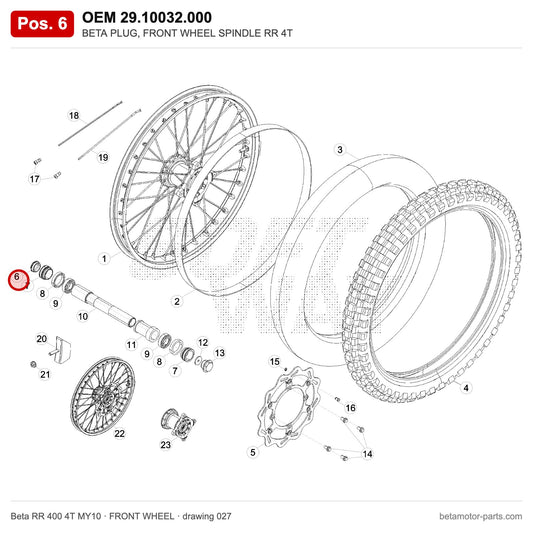 BETA PLUG, FRONT WHEEL SPINDLE RR 4T – OEM 29.10032.000, position 6 on the Beta RR 400 4T MY10 front wheel drawing