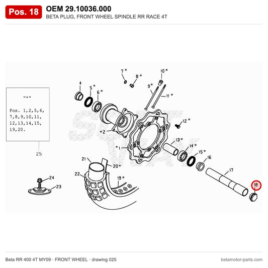 BETA PLUG, FRONT WHEEL SPINDLE RR RACE 4T – OEM 29.10036.000, position 18 on the Beta RR 400 4T MY09 front wheel drawing