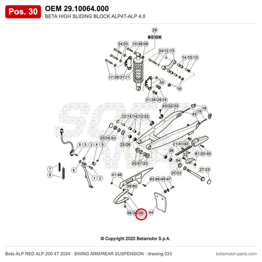 BETA HIGH SLIDING BLOCK ALP4T-ALP 4.0 – OEM 29.10064.000, position 30 on the Beta ALP RED ALP 200 4T 2024 swing arm/rear suspension drawing