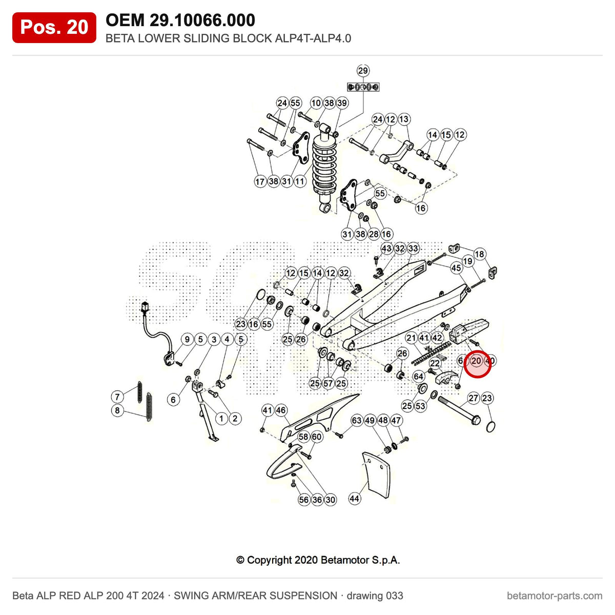 BETA LOWER SLIDING BLOCK ALP4T-ALP4.0 – OEM 29.10066.000, position 20 on the Beta ALP RED ALP 200 4T 2024 swing arm/rear suspension drawing