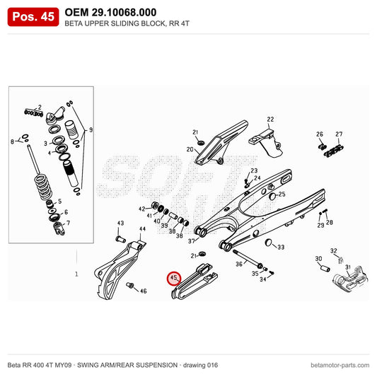 BETA UPPER SLIDING BLOCK, RR 4T – OEM 29.10068.000, position 45 on the Beta RR 400 4T MY09 swing arm/rear suspension drawing