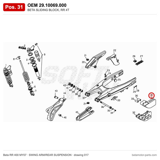 BETA SLIDING BLOCK, RR 4T – OEM 29.10069.000, position 31 on the Beta RR 400 MY07 swing arm/rear suspension drawing