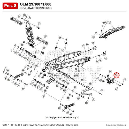 BETA LOWER CHAIN GIUDE – OEM 29.10071.000, position 8 on the Beta X RR 125 4T T 2026 swing arm/rear suspension drawing