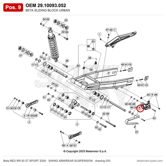BETA SLIDING BLOCK URBAN – OEM 29.10093.052, position 9 on the Beta RED RR 50 2T SPORT 2026 swing arm/rear suspension drawing