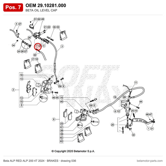 BETA OIL LEVEL CAP – OEM 29.10281.000, position 7 on the Beta ALP RED ALP 200 4T 2024 brakes drawing