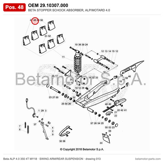 BETA STOPPER SCHOCK ABSORBER, ALP/MOTARD 4.0 – OEM 29.10307.000, position 48 on the Beta ALP 4.0 350 4T MY18 swing arm/rear suspension drawing