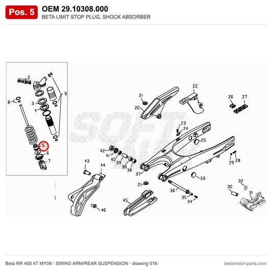 BETA LIMIT STOP PLUG, SHOCK ABSORBER – OEM 29.10308.000, position 5 on the Beta RR 400 4T MY09 swing arm/rear suspension drawing