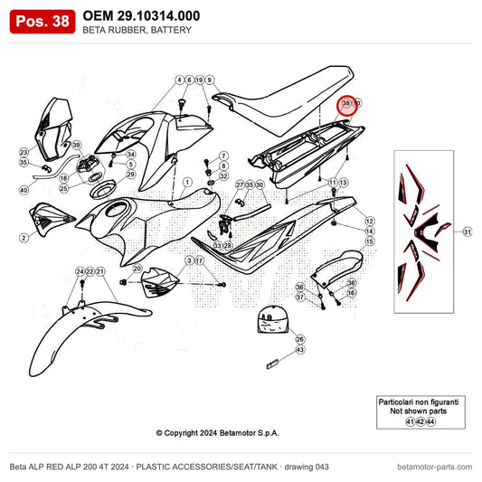 BETA RUBBER, BATTERY – OEM 29.10314.000, position 38 on the Beta ALP RED ALP 200 4T 2024 plastic accessories/seat/tank drawing