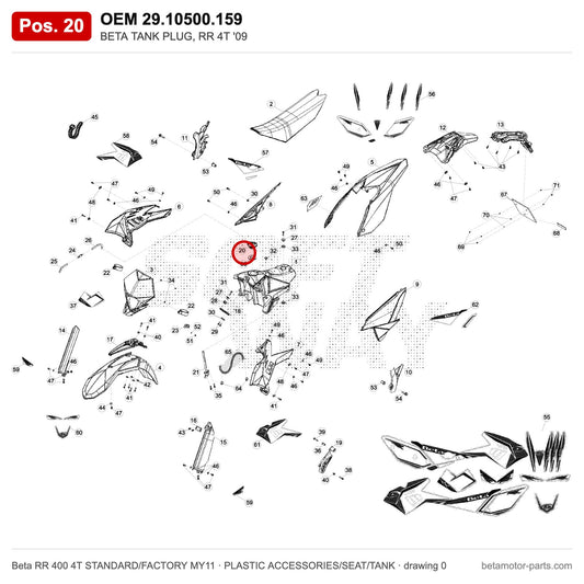 BETA TANK PLUG, RR 4T '09 – OEM 29.10500.159, position 20 on the Beta RR 400 4T STANDARD/FACTORY MY11 plastic accessories/seat/tank drawing