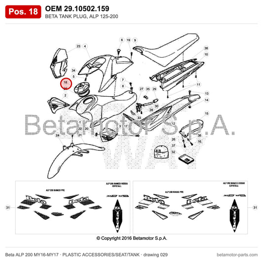 BETA TANK PLUG, ALP 125-200 – OEM 29.10502.159, position 18 on the Beta ALP 200 MY16-MY17 plastic accessories/seat/tank drawing