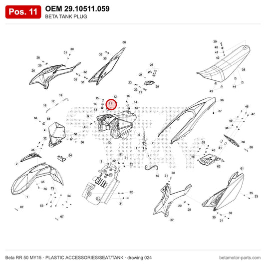 BETA TANK PLUG – OEM 29.10511.059, position 11 on the Beta RR 50 MY15 plastic accessories/seat/tank drawing