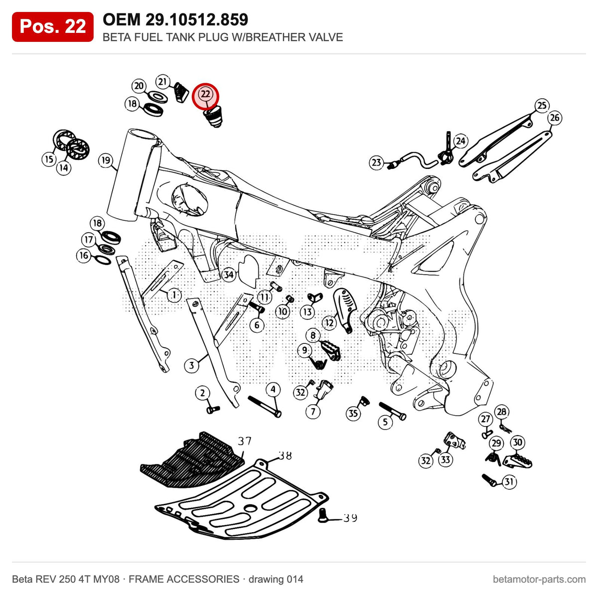 BETA FUEL TANK PLUG W/BREATHER VALVE – OEM 29.10512.859, position 22 on the Beta REV 250 4T MY08 frame accessories drawing