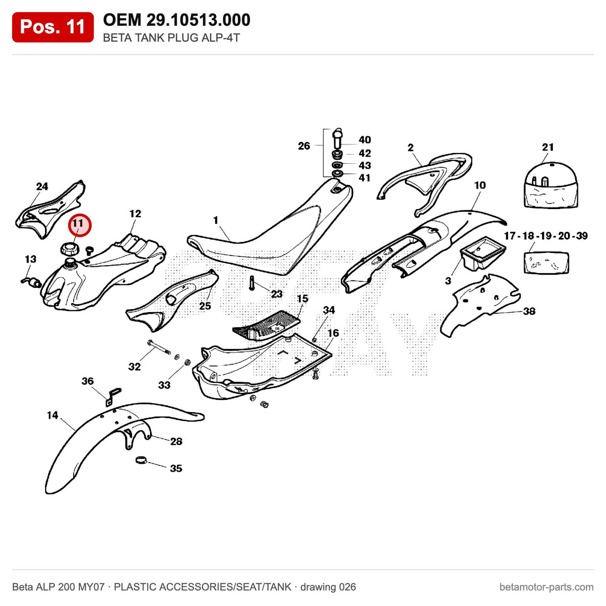 BETA TANK PLUG ALP-4T – OEM 29.10513.000, position 11 on the Beta ALP 200 MY07 plastic accessories/seat/tank drawing