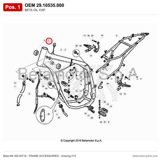 BETA OIL CAP – OEM 29.10535.000, position 1 on the Beta M4 350 MY16 frame accessories drawing