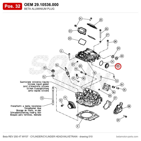BETA ALUMINIUM PLUG – OEM 29.10536.000, position 32 on the Beta REV 250 4T MY07 cylinder/cylinder head/valvetrain drawing