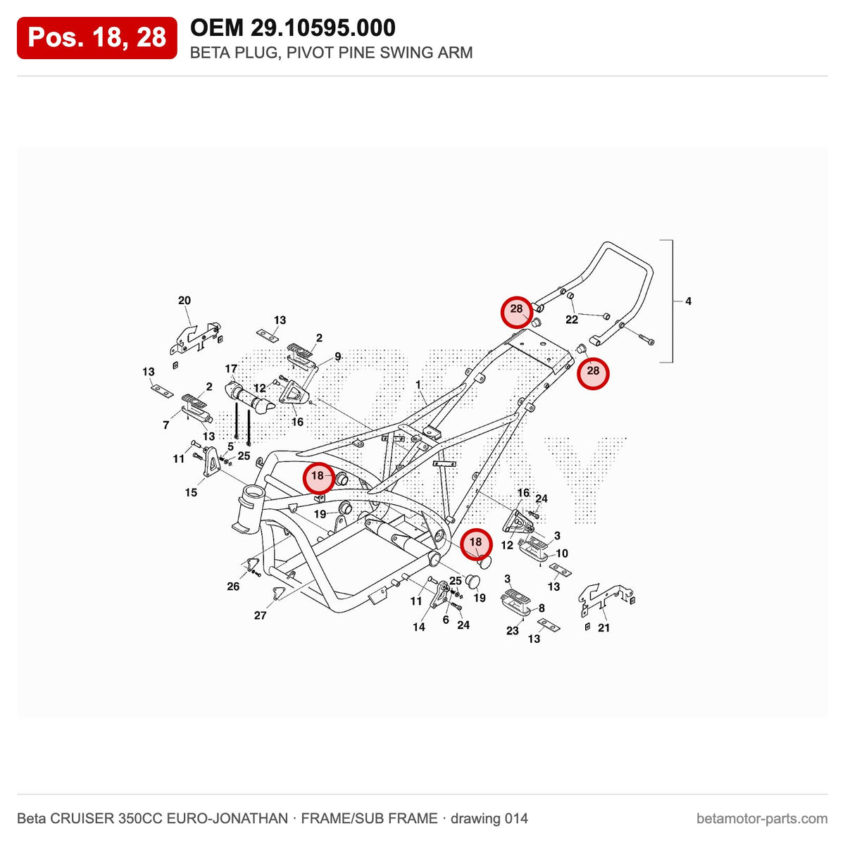BETA PLUG, PIVOT PINE SWING ARM – OEM 29.10595.000, positions 18,28 on the Beta CRUISER 350CC EURO-JONATHAN frame/sub frame drawing