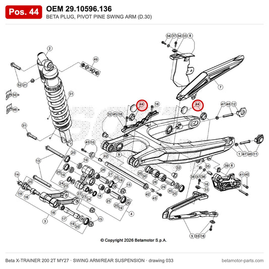 BETA PLUG, PIVOT PINE SWING ARM (D.30) – OEM 29.10596.136, position 44 on the Beta X-TRAINER 200 2T MY27 swing arm/rear suspension drawing