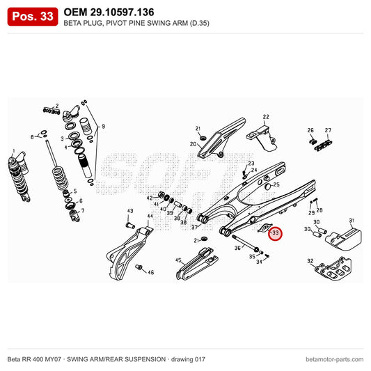 BETA PLUG, PIVOT PINE SWING ARM (D.35) – OEM 29.10597.136, position 33 on the Beta RR 400 MY07 swing arm/rear suspension drawing
