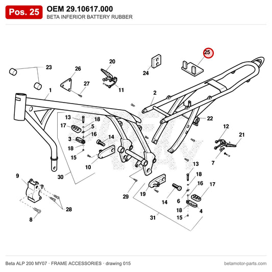 BETA INFERIOR BATTERY RUBBER – OEM 29.10617.000, position 25 on the Beta ALP 200 MY07 frame accessories drawing