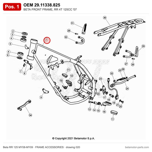 BETA FRONT FRAME, RR 4T 125CC '07 – OEM 29.11338.825, position 1 on the Beta RR 125 MY08-MY09 frame accessories drawing
