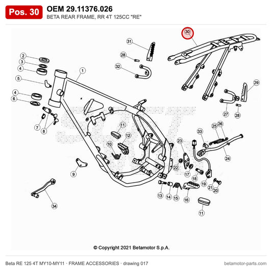 BETA REAR FRAME, RR 4T 125CC "RE" – OEM 29.11376.026, position 30 on the Beta RE 125 4T MY10-MY11 frame accessories drawing