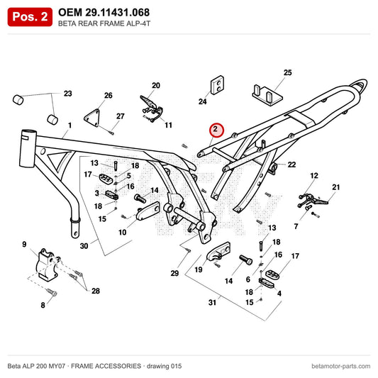 BETA REAR FRAME ALP-4T – OEM 29.11431.068, position 2 on the Beta ALP 200 MY07 frame accessories drawing