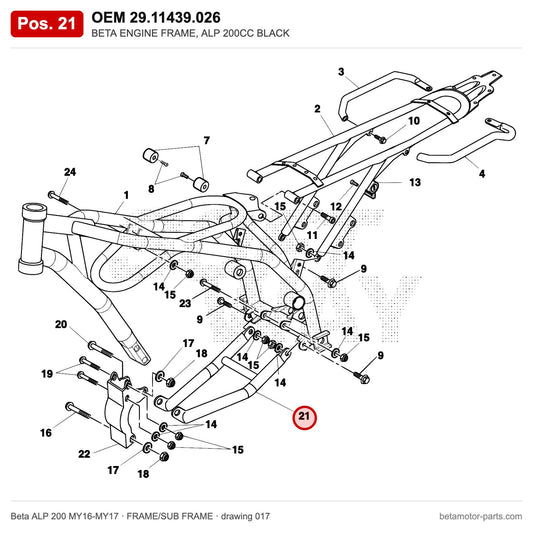 BETA ENGINE FRAME, ALP 200CC BLACK – OEM 29.11439.026, position 21 on the Beta ALP 200 MY16-MY17 frame/sub frame drawing