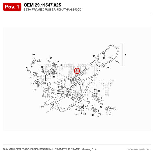 BETA FRAME CRUISER JONATHAN 350CC – OEM 29.11547.025, position 1 on the Beta CRUISER 350CC EURO-JONATHAN frame/sub frame drawing