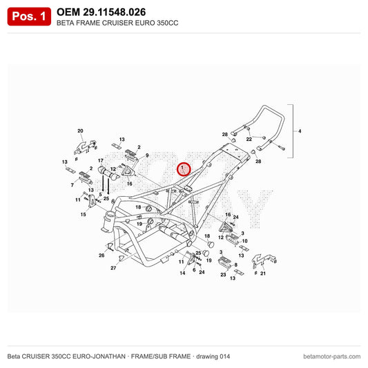 BETA FRAME CRUISER EURO 350CC – OEM 29.11548.026, position 1 on the Beta CRUISER 350CC EURO-JONATHAN frame/sub frame drawing