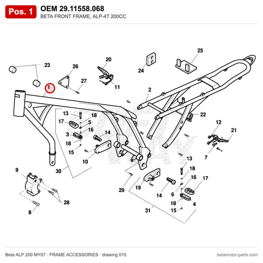 BETA FRONT FRAME, ALP-4T 200CC – OEM 29.11558.068, position 1 on the Beta ALP 200 MY07 frame accessories drawing