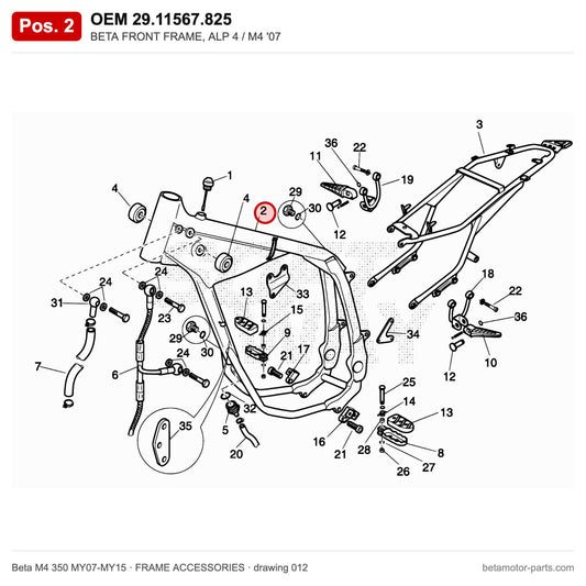 BETA FRONT FRAME, ALP 4 / M4 '07 – OEM 29.11567.825, position 2 on the Beta M4 350 MY07-MY15 frame accessories drawing