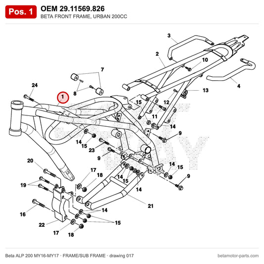 BETA FRONT FRAME, URBAN 200CC – OEM 29.11569.826, position 1 on the Beta ALP 200 MY16-MY17 frame/sub frame drawing