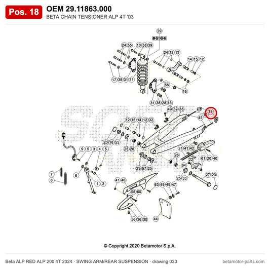 BETA CHAIN TENSIONER ALP 4T '03 – OEM 29.11863.000, position 18 on the Beta ALP RED ALP 200 4T 2024 swing arm/rear suspension drawing