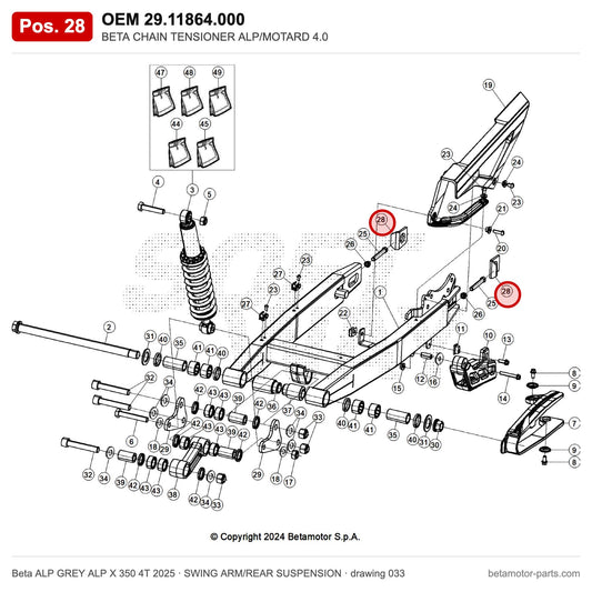 BETA CHAIN TENSIONER ALP/MOTARD 4.0 – OEM 29.11864.000, position 28 on the Beta ALP GREY ALP X 350 4T 2025 swing arm/rear suspension drawing