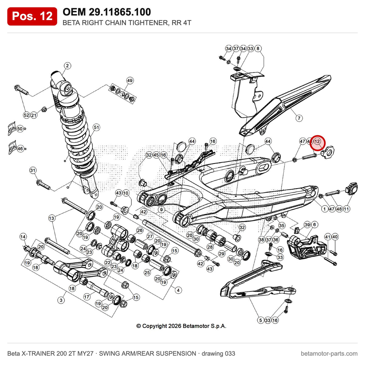 BETA RIGHT CHAIN TIGHTENER, RR 4T – OEM 29.11865.100, position 12 on the Beta X-TRAINER 200 2T MY27 swing arm/rear suspension drawing