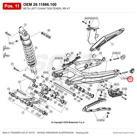 BETA LEFT CHAIN TIGHTENER, RR 4T – OEM 29.11866.100, position 11 on the Beta X-TRAINER 200 2T MY27 swing arm/rear suspension drawing